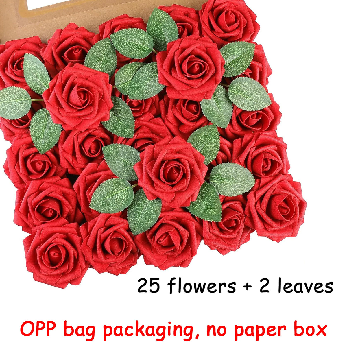 A bouquet of red artificial roses with green leaves packaged in an OPP bag.