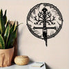 Vintage metal wall art depicting a sword with a tree motif and Elvish script, framed in a circular design.