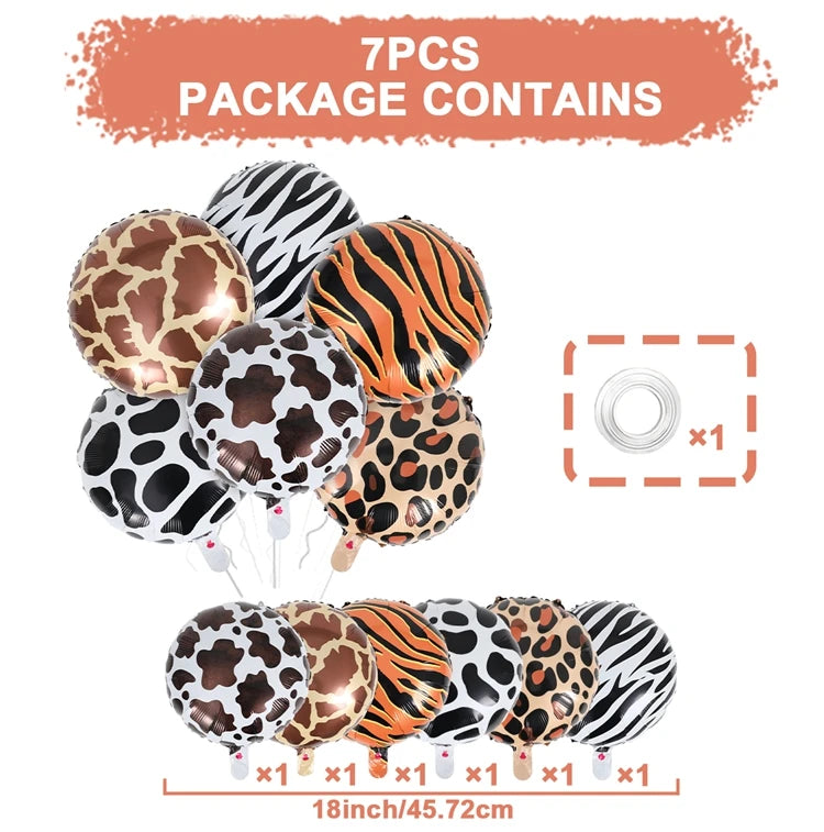 A package of 7 foil balloons featuring jungle safari animals like monkeys and tigers.