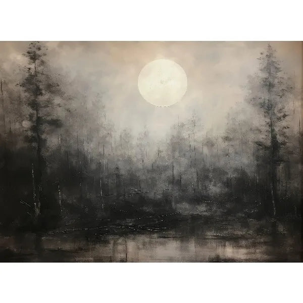 A moody, atmospheric canvas print featuring a pale moon and dark forest silhouette.