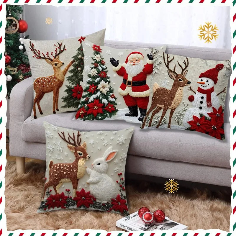 A set of four festive Christmas linen throw pillow covers featuring deer, Santa, and Christmas trees on a light gray sofa.