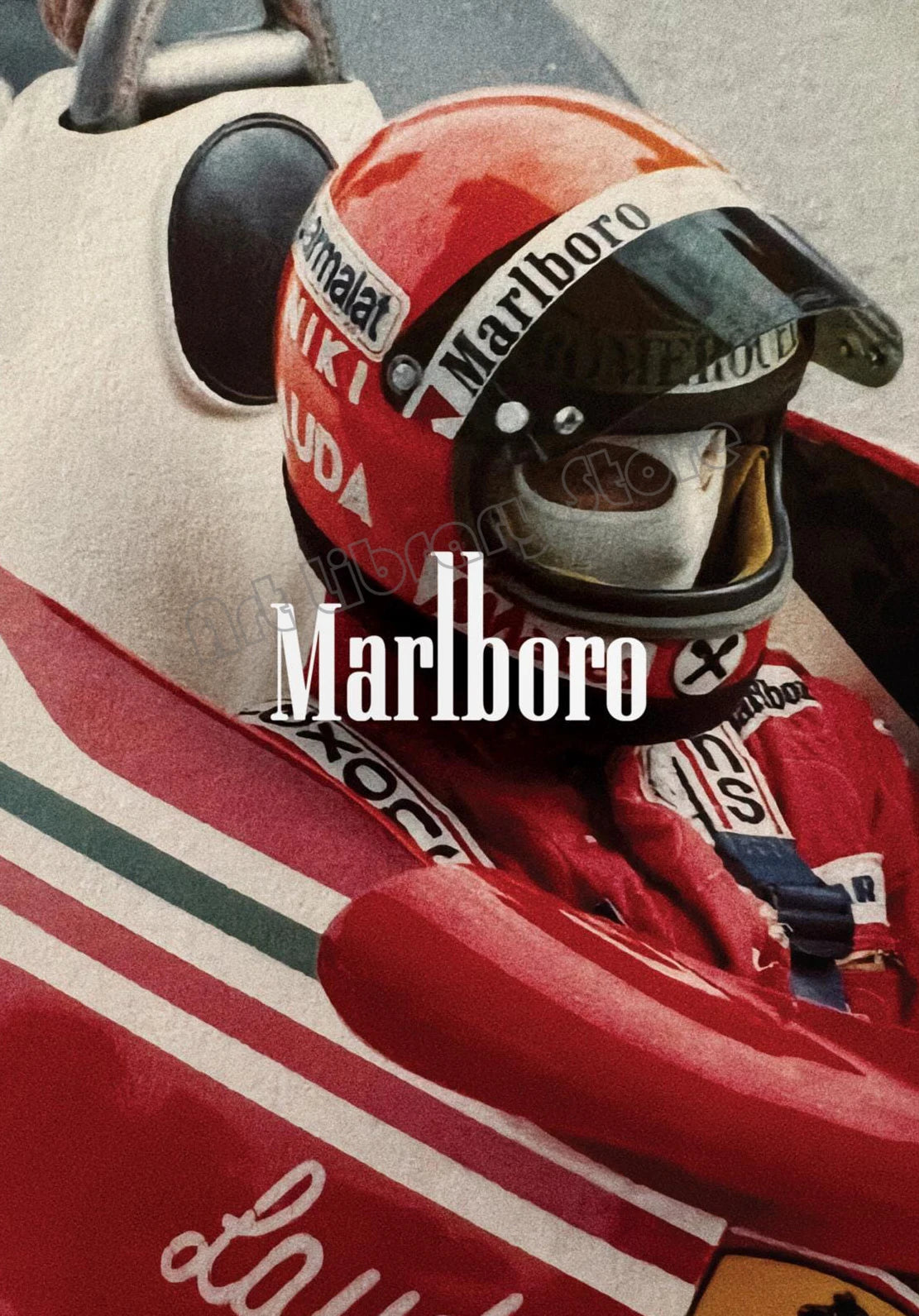 A close-up of a racing helmet and suit featuring Marlboro branding in red and white colors.