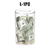 A clear acrylic jar filled with US dollar bills and coins.
