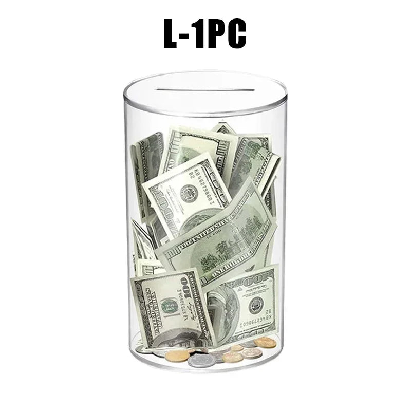 A clear acrylic jar filled with US dollar bills and coins.