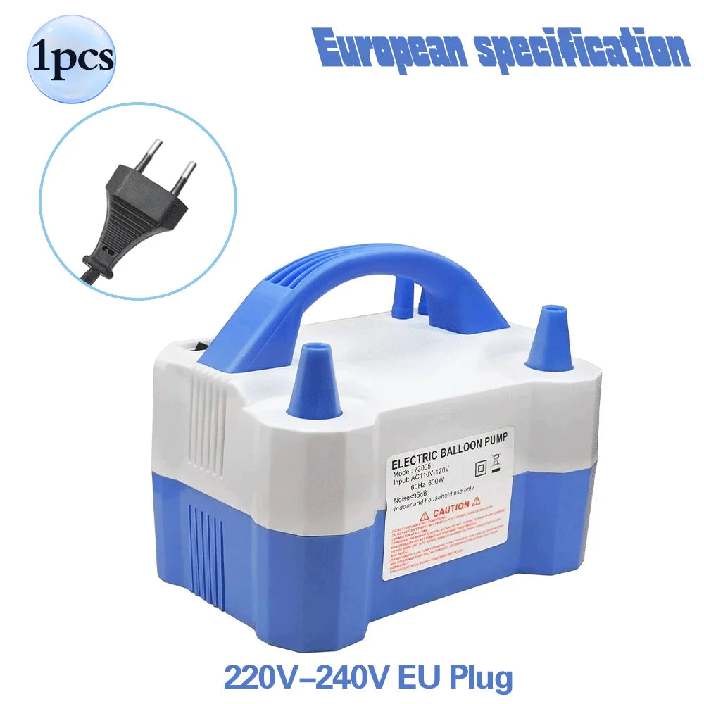 Pompe à air électrique portable ballon blanc et bleu avec poignée bleue et buse noire, prise UE 220V-240V.