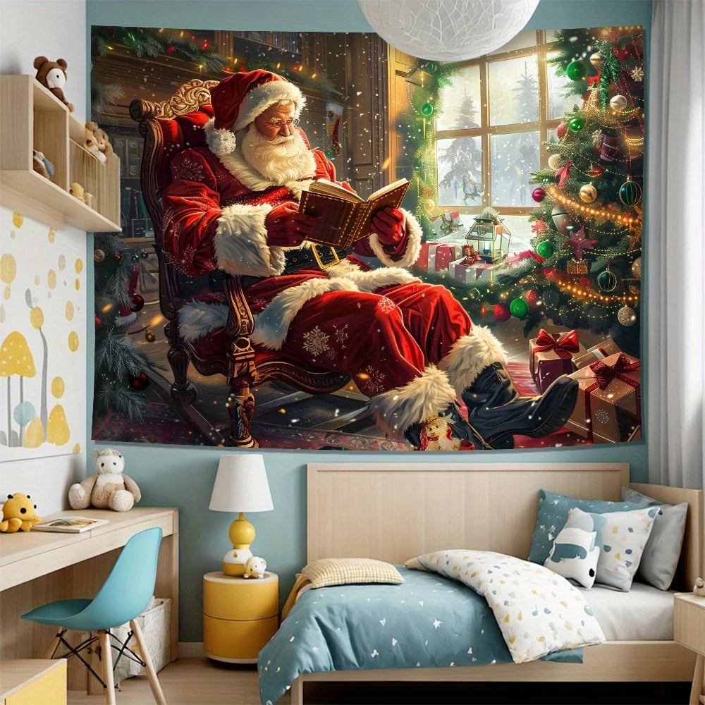 A tapestry depicting Santa Claus reading a book in an ornate chair against a Christmas backdrop.