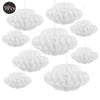 A set of nine white 3D cloud paper honeycomb ball decorations.
