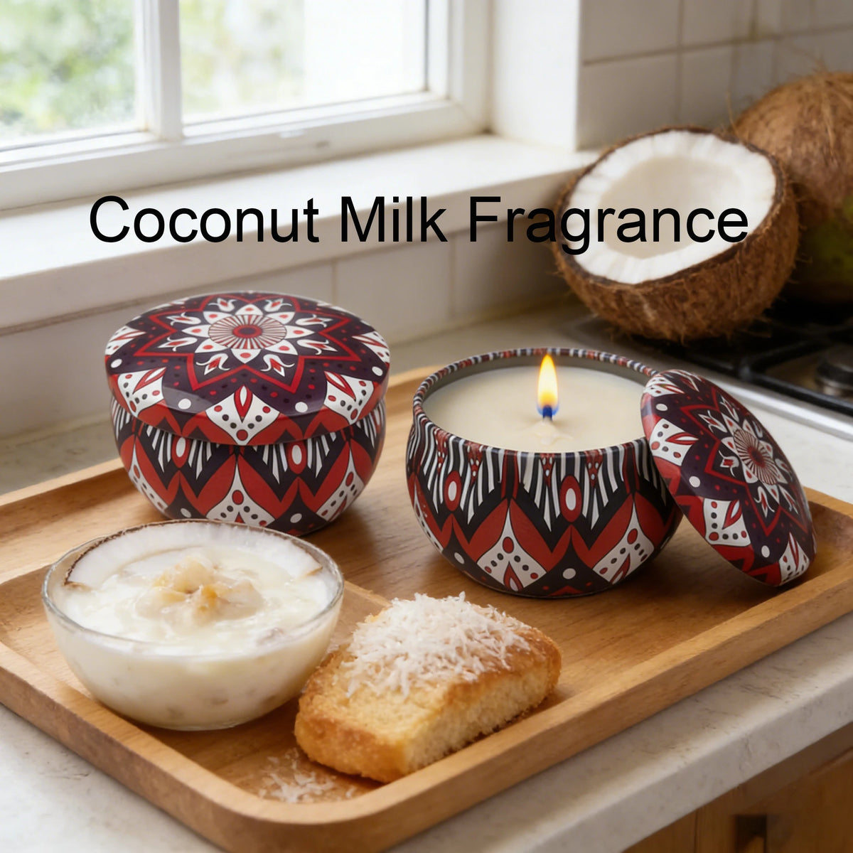 Coconut Milk Fragrance candle and coconut milk balm displayed on a wooden board.