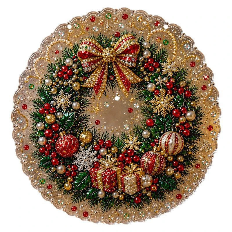 A festive Christmas wreath made of glitter, red berries, gold accents, and white snowflakes on a gold background.