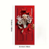 A red door decorated with a torn opening revealing a vintage Santa face and white gloves.