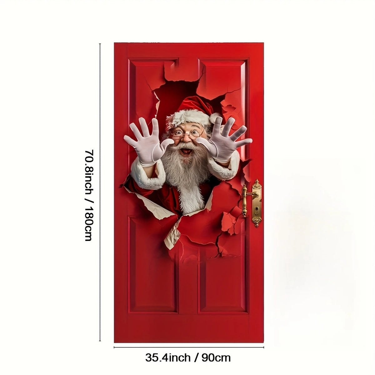 A red door decorated with a torn opening revealing a vintage Santa face and white gloves.