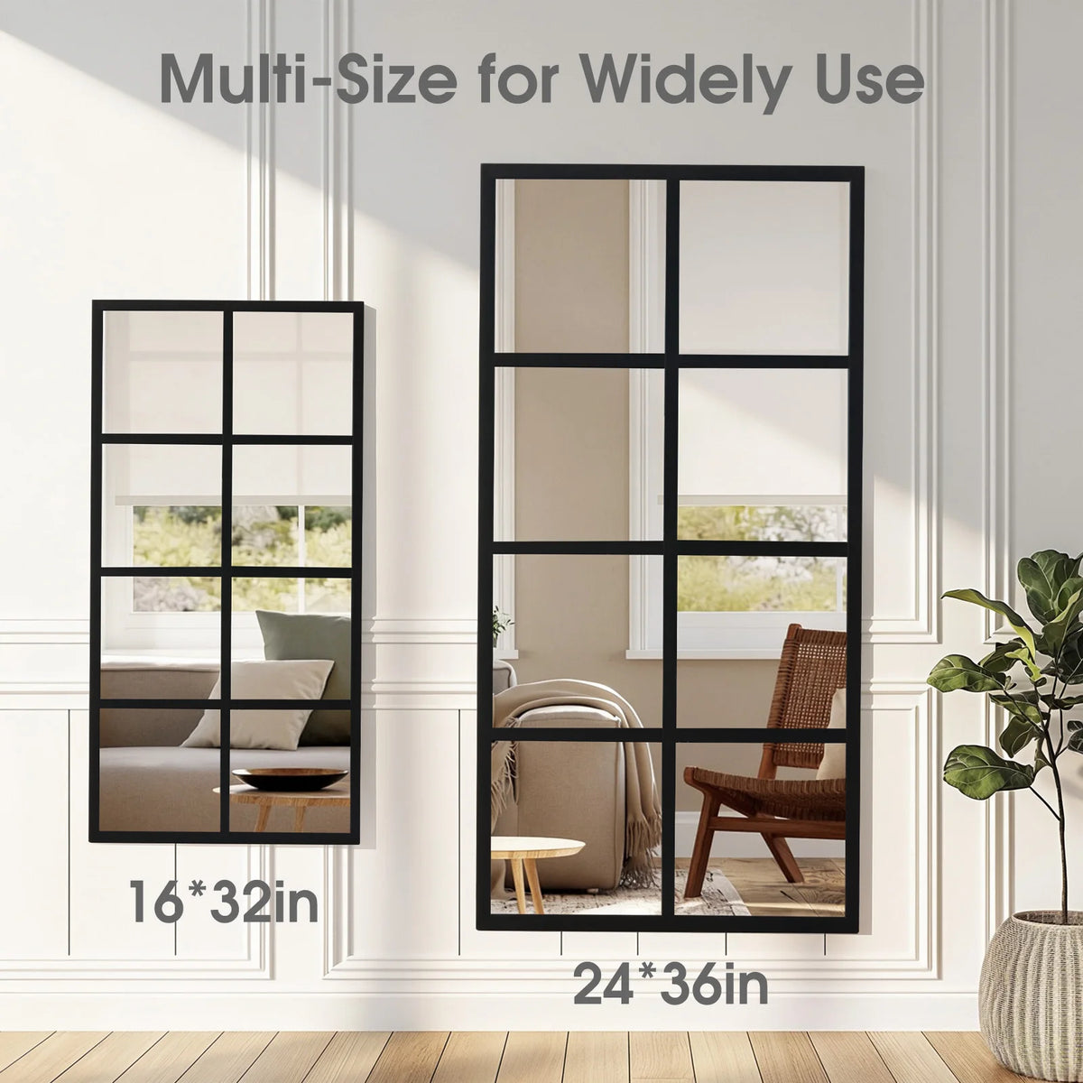 A multi-size black framed window mirror with a grid design displayed on a white wall.