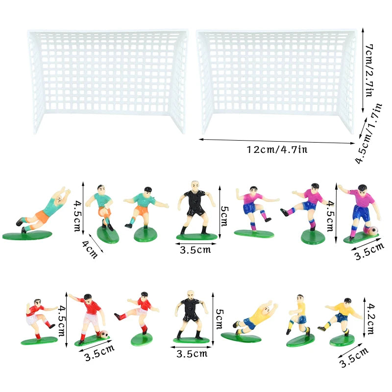 Set of football birthday cake toppers featuring soccer players and field decor in white.