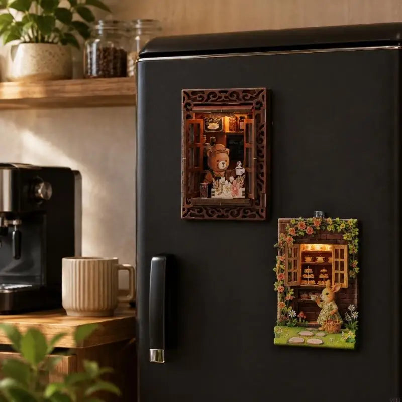 A dark refrigerator door features two framed wooden puzzle magnets depicting scenes for home decor.