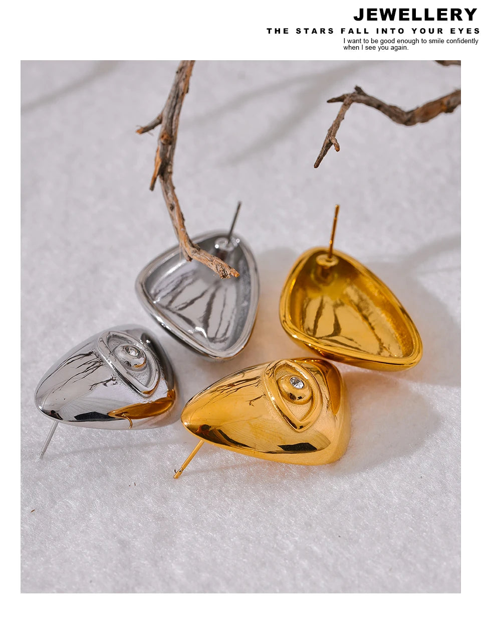 Three geometric stud earrings in silver and gold tones resting on a white surface.