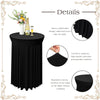 Black stretch spandex cocktail tablecloth with a ruffled skirt displayed on a table.