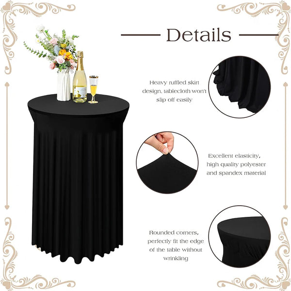 Black stretch spandex cocktail tablecloth with a ruffled skirt displayed on a table.