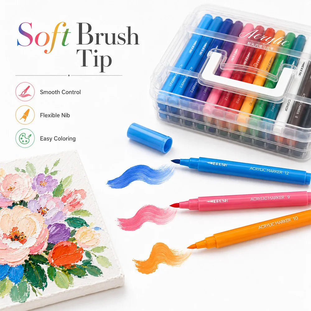 A clear plastic box of a 48-color acrylic paint marker set with brush tips next to an open palette.