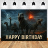 A dark, dramatic backdrop featuring dinosaurs and a fiery sunset with the text Happy Birthday.