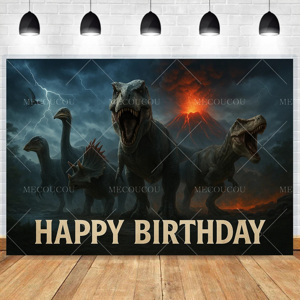 A dark, dramatic backdrop featuring dinosaurs and a fiery sunset with the text Happy Birthday.