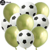 A pack of ten black and white soccer ball-shaped latex balloons for party decorations.