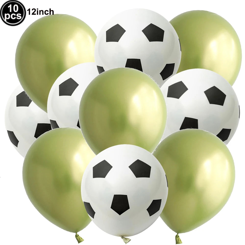 A pack of ten black and white soccer ball-shaped latex balloons for party decorations.