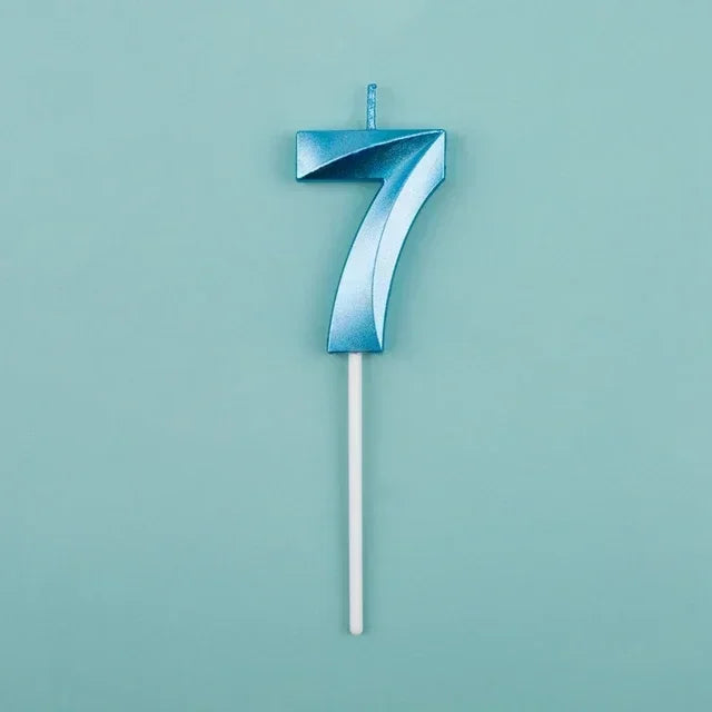 A blue birthday candle shaped like the number seven on a white stick against a light teal background.