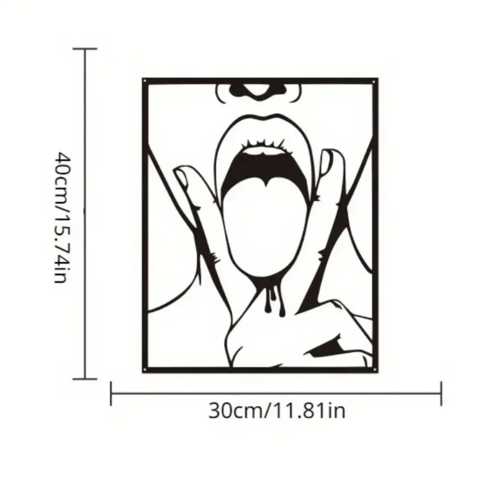 Black line art illustration of a face with open mouth and hands, framed for wall art.
