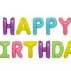 A set of thirteen foil letter birthday balloons spelling out HAPPY BIRTHDAY in various bright colors.