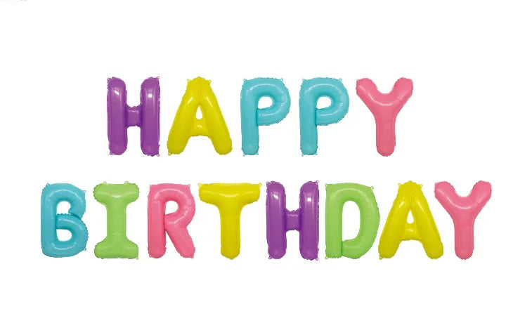 A set of thirteen foil letter birthday balloons spelling out HAPPY BIRTHDAY in various bright colors.