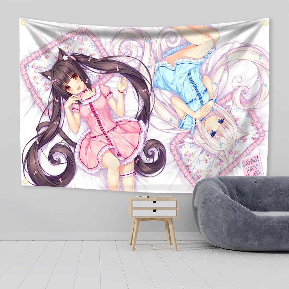 A tapestry wall hanging featuring a Kawaii anime design of a girl in pink and blue clothing with swirling purple hair.
