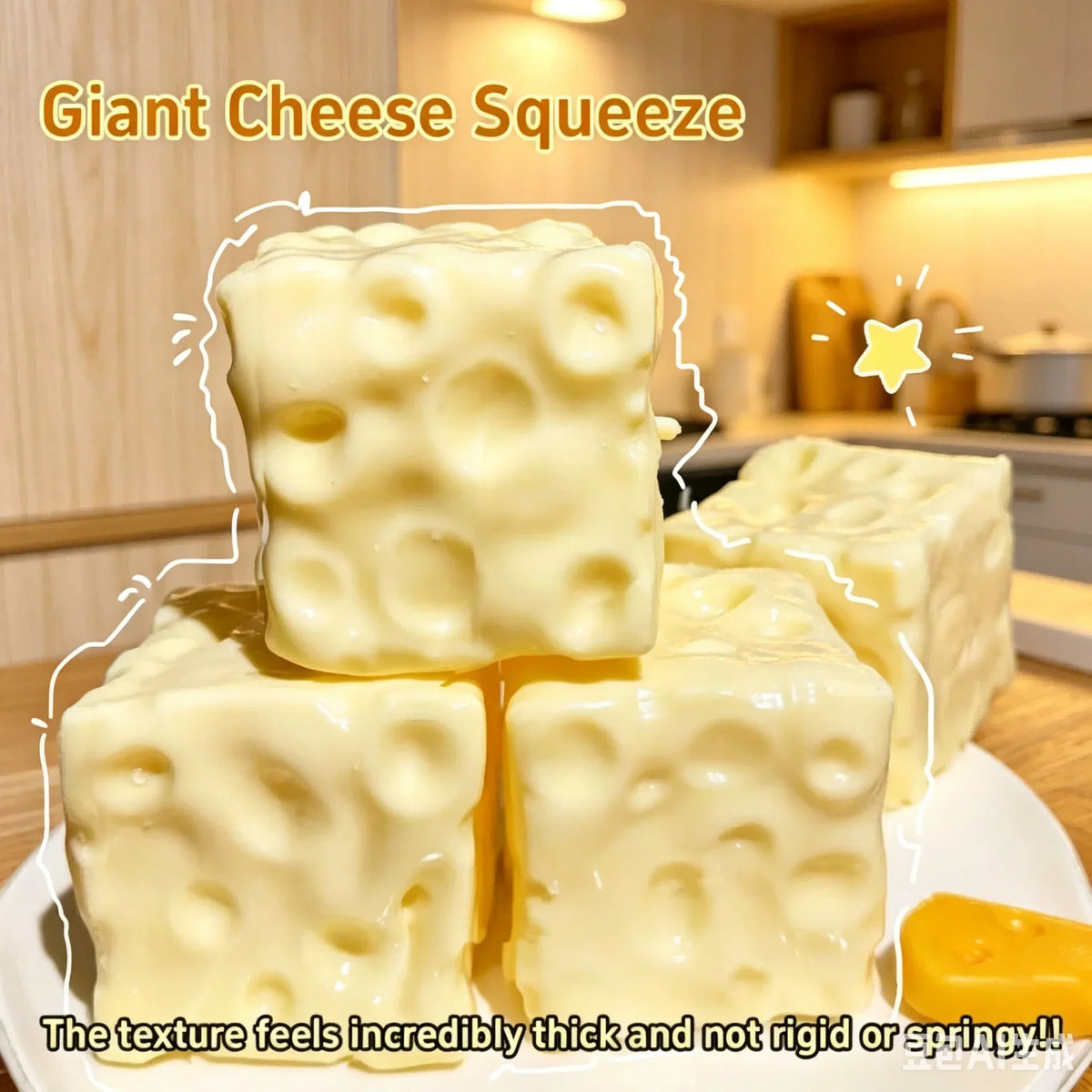 Giant cheese squishy toys in various sizes and colors displayed on a white plate.