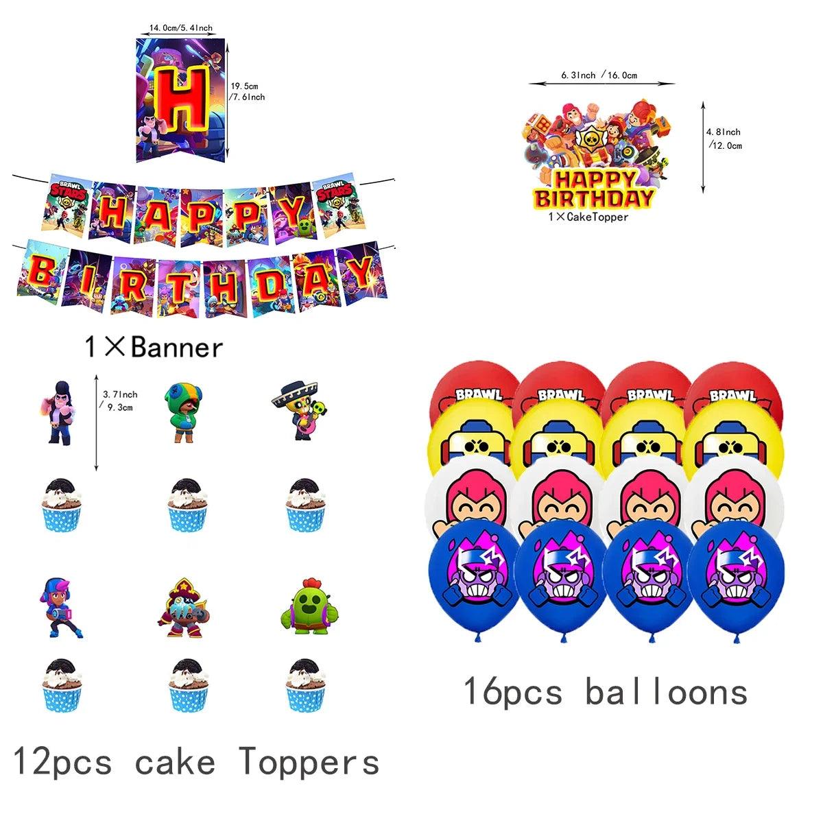 A banner, cake toppers, and balloons for a happy birthday celebration featuring colorful characters and text.