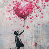 Banksy style canvas art depicting a silhouette of a girl releasing pink cherry blossoms onto a distressed white wall.