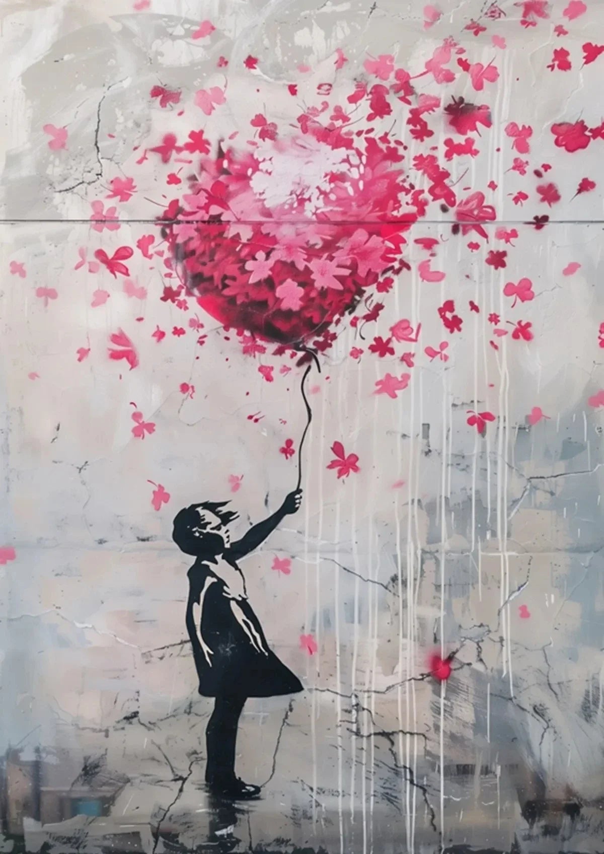 Banksy style canvas art depicting a silhouette of a girl releasing pink cherry blossoms onto a distressed white wall.