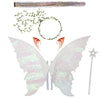 A set of sparkling fairy wings, a wand, and a floral crown displayed against a white background.