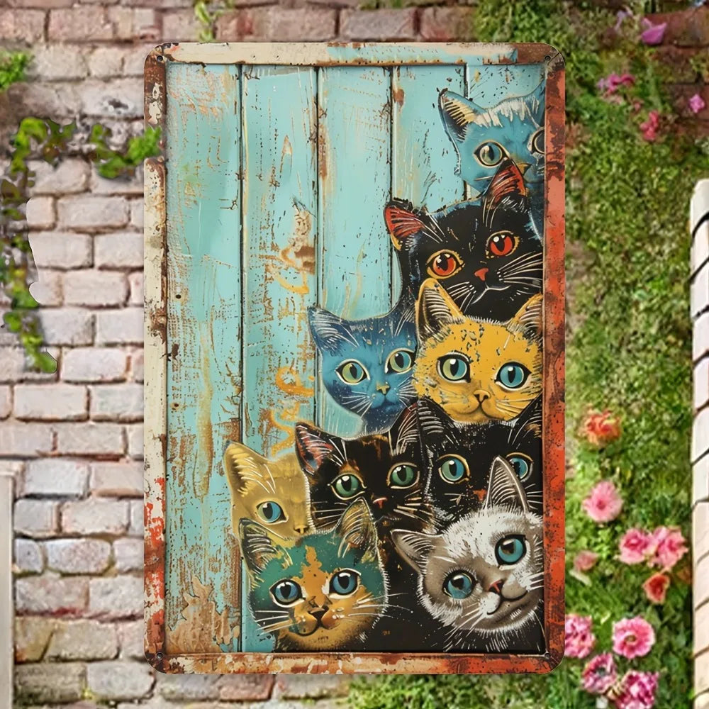 A vintage metal tin sign featuring a collage of humorous cats in various expressions and colors.