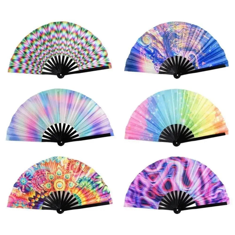 A collection of five UV fluorescent handheld folding fans displaying various iridescent and colorful patterns.
