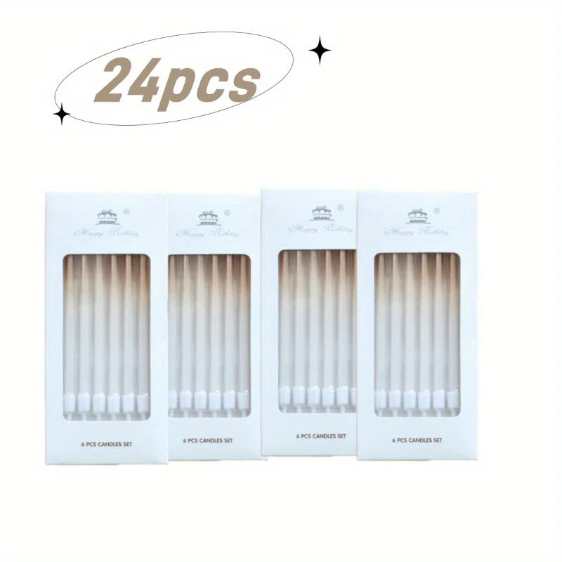 A set of 24 gradient blue metallic birthday candles packaged in individual boxes.