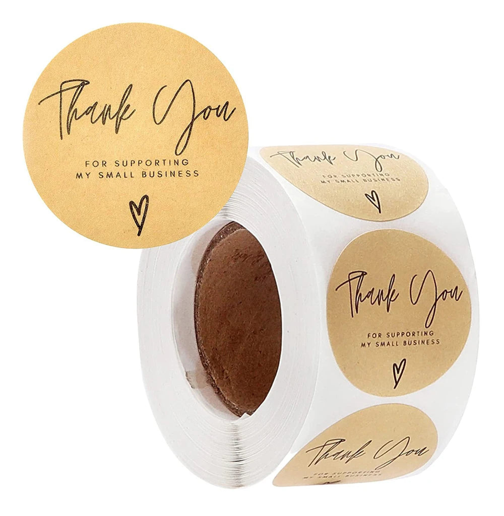 Roll of kraft paper thank you stickers with 'Thank You for supporting my small business' message