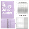 A purple budget savings binder with a cover titled 100 Envelope Savings Challenge Tracker and numbered pages.