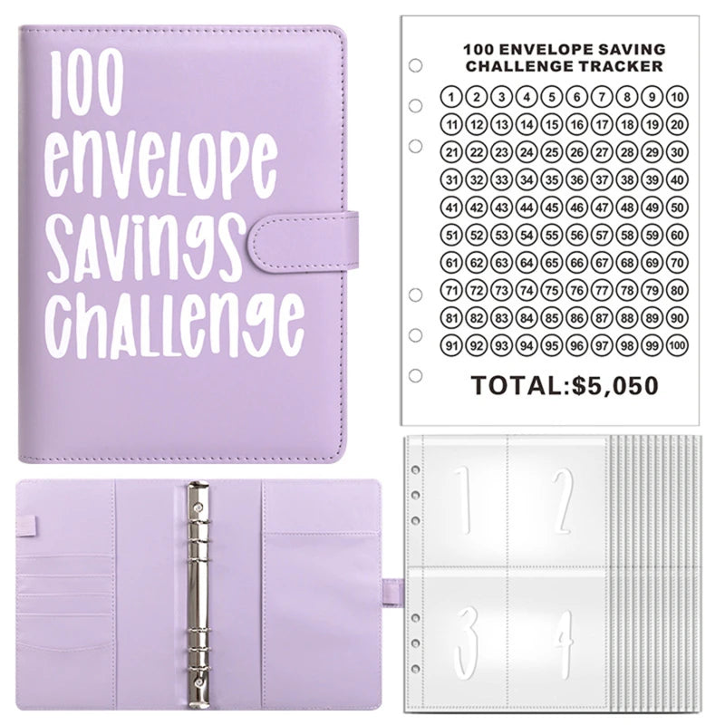 A purple budget savings binder with a cover titled 100 Envelope Savings Challenge Tracker and numbered pages.