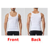 Front and back views of a white men's seamless compression tank top for waist and core shaping