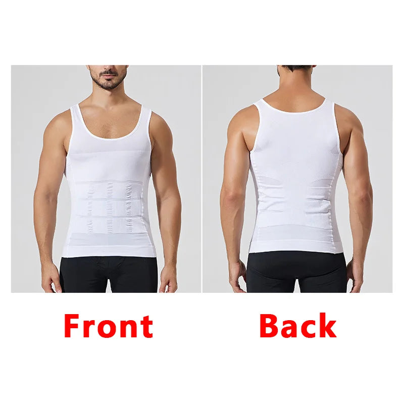 Front and back views of a white men's seamless compression tank top for waist and core shaping