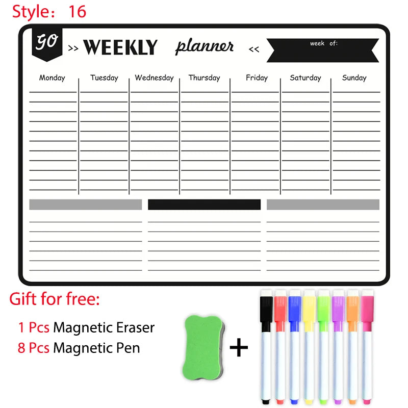 A3 magnetic dry erase planner with a weekly calendar grid and included erasers and pens