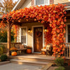 An autumn maple leaf vine garland with LED lights draped over a porch and doorway.