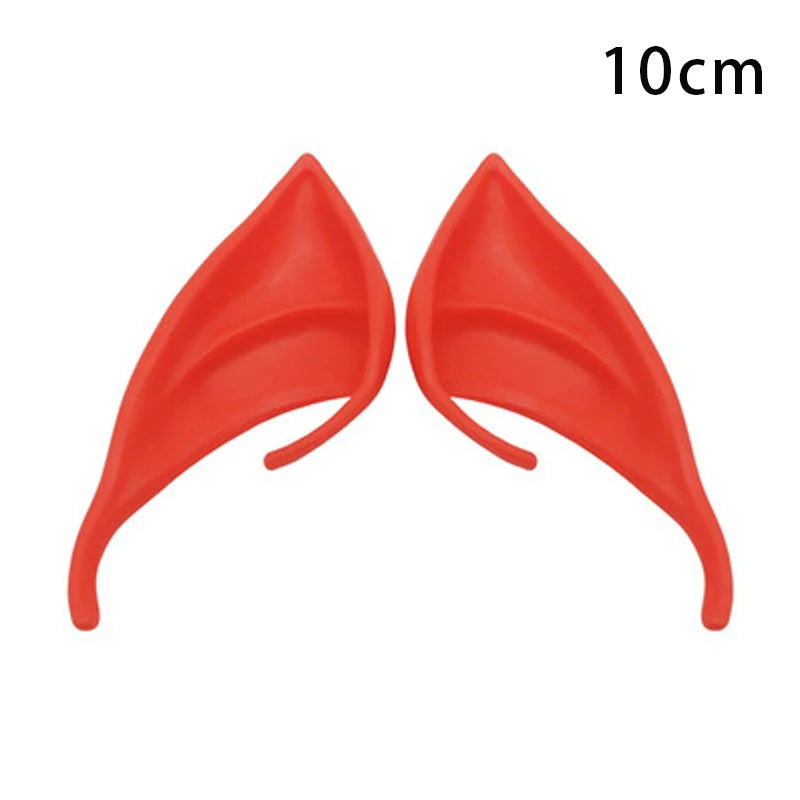 A pair of realistic red latex elf ears for cosplay and costume parties, shown from the side.