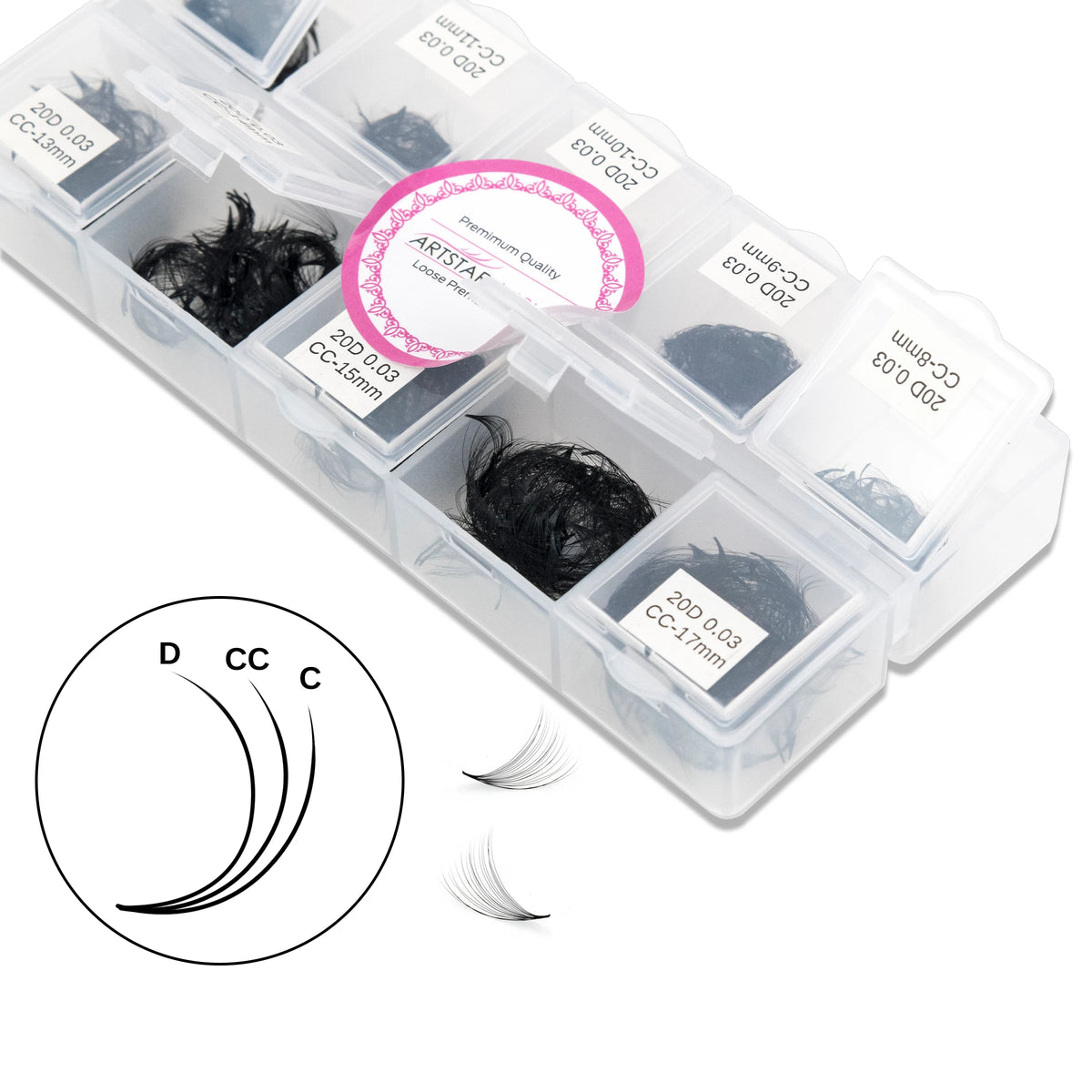 Caja de plástico transparente con extensiones de pestañas y herramientas para aplicación de volumen de ventilador