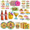 A set of Hawaiian luau party sunglasses and table mats featuring bright tropical colors and patterns.
