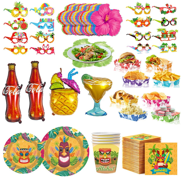 A set of Hawaiian luau party sunglasses and table mats featuring bright tropical colors and patterns.